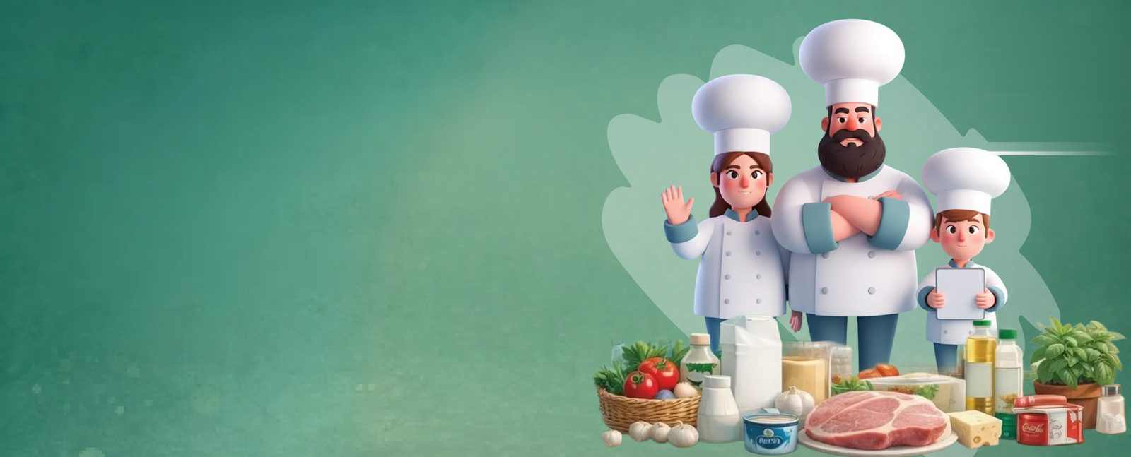 Chefs standing behind an assortment of restaurant supplies