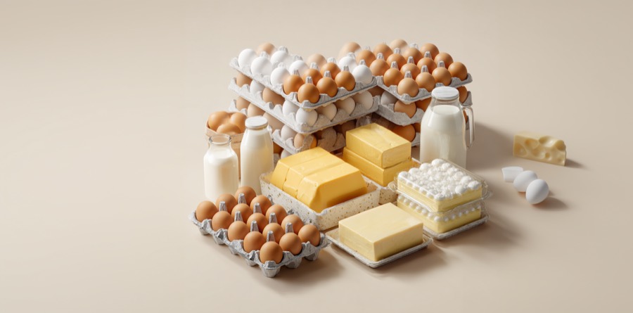 Trays of eggs, butter and milk