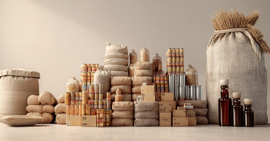 Sacks and jars of grains and pulses