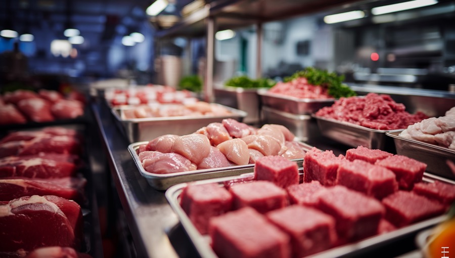 Trays of fresh meat in a chilled counter